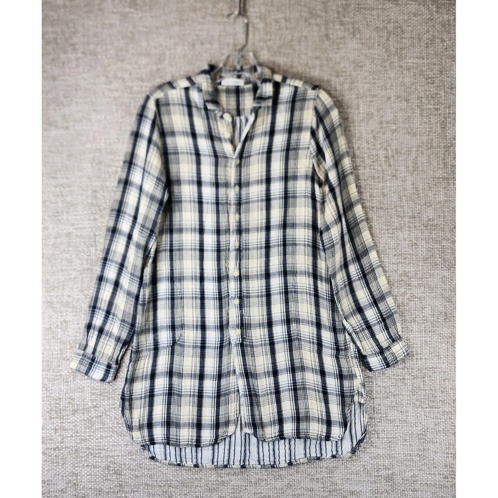 Free People X CP Shades Double Gauze‎ Shirt Dress Womens XS Navy Cream Plaid